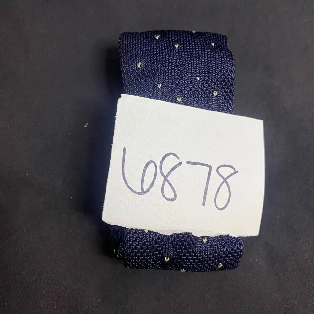 #6878 Handmade Knit Navy Blue Tiny White Hearts Mens Necktie, Tie 2.25 in wide